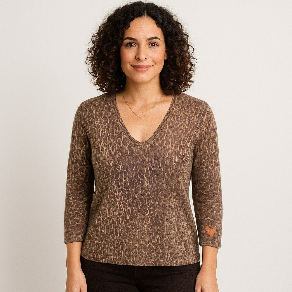 Kenar Leopard 2-Ply Cashmere Sweater V-Neck Womens XL